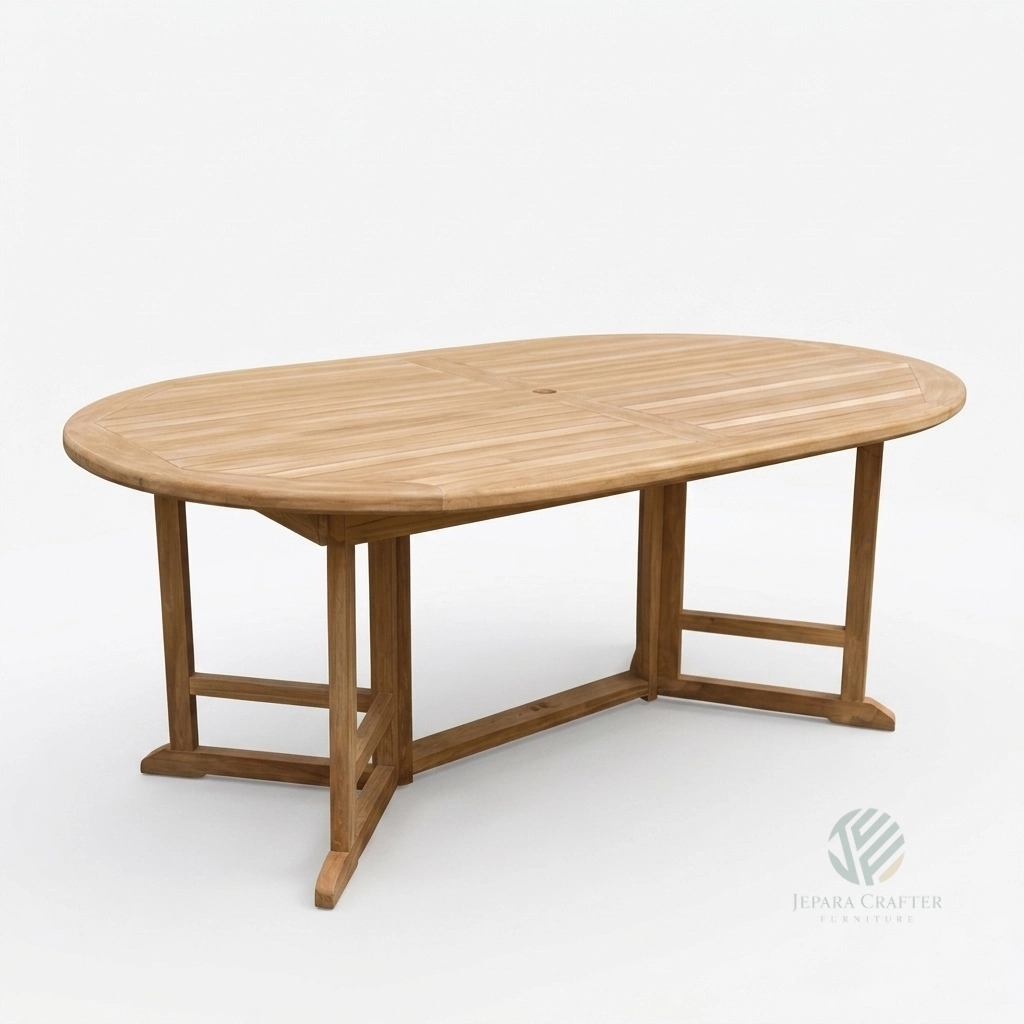 Bristol folding oval teak dining table made from solid Indonesian teak for outdoor dining furniture