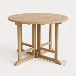 Bristol folding round teak dining table made from solid Indonesian teak wood for outdoor spaces