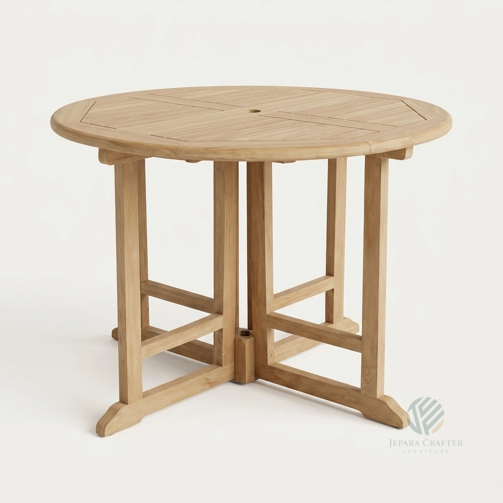 Bristol folding round teak dining table made from solid Indonesian teak wood for outdoor spaces