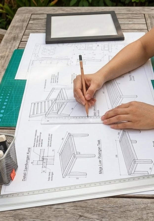 Furniture drafter preparing a custom teak furniture drawing in Jepara, Indonesia
