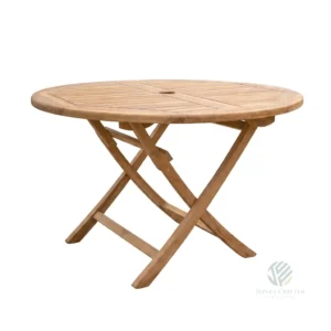 Harlington folding round teak dining table made from solid Indonesian teak for outdoor furniture