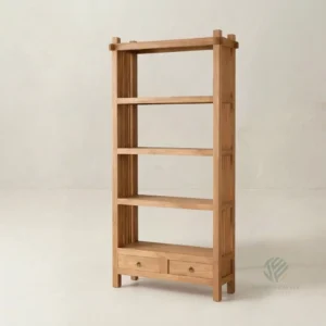 Linden solid teak bookcase with open shelves and lower storage handcrafted in Jepara Indonesia