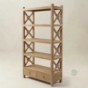 Oakley solid teak bookcase with X frame side detail handcrafted in Jepara Indonesia