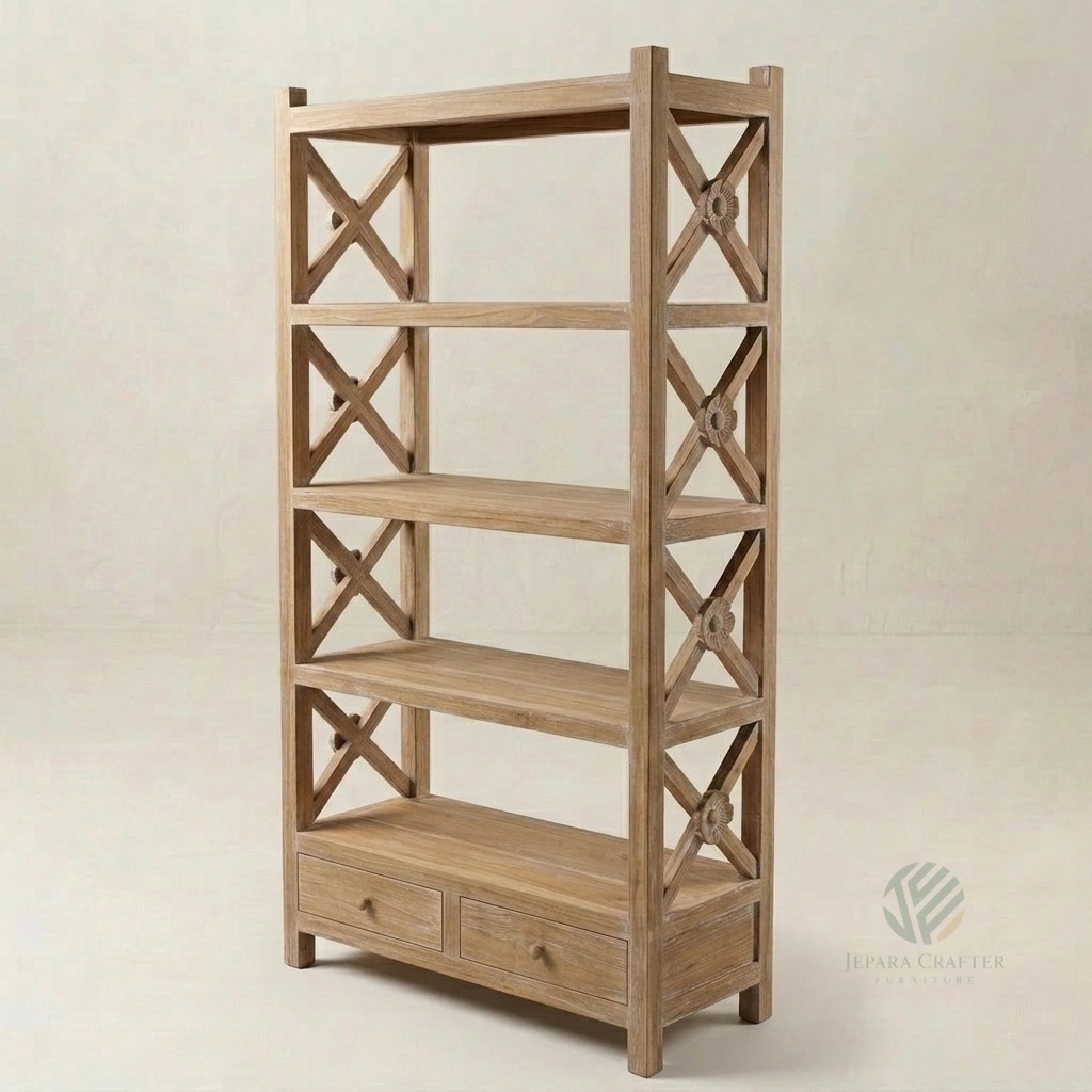 Oakley solid teak bookcase with X frame side detail handcrafted in Jepara Indonesia