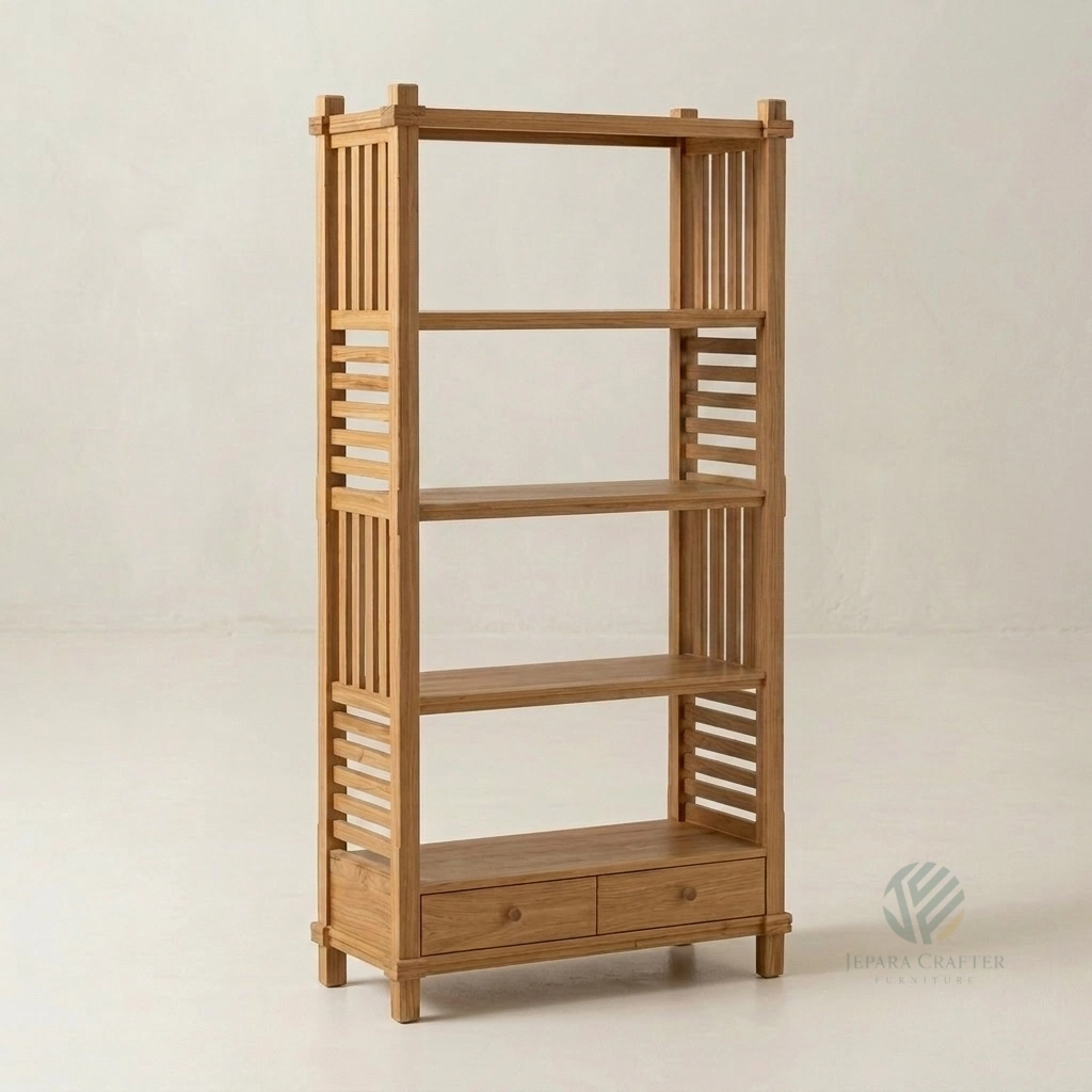 Reed solid teak bookcase with slatted side detail handcrafted by Jepara furniture manufacturer Indonesia