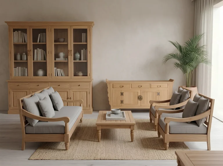 Solid teak wood living room set with lounge chairs and coffee table from Jepara Indonesia