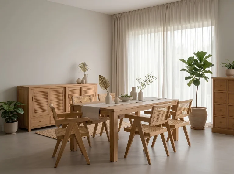 Modern tropical teak dining set made from solid teak wood in Indonesia