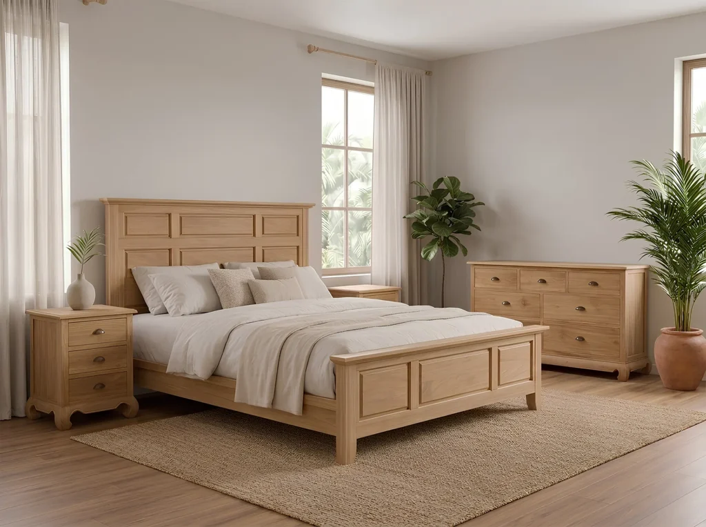 Classic solid teak wood bedroom set with natural finish from Jepara Indonesia
