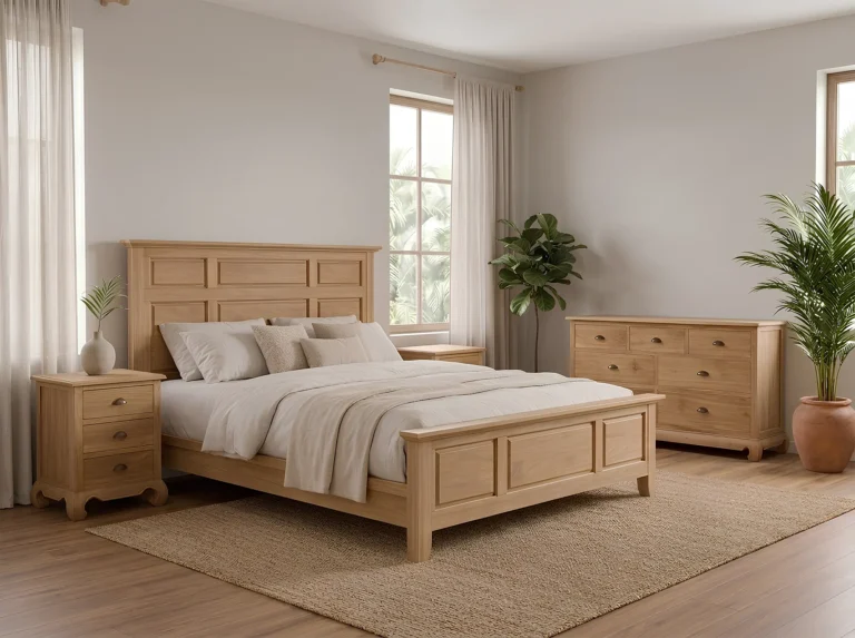 Classic solid teak wood bedroom set with natural finish from Jepara Indonesia