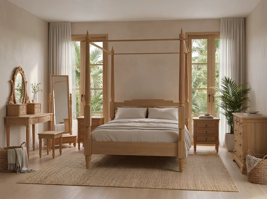 Solid teak wood bedroom set with natural teak finish by Jepara furniture manufacturer Indonesia