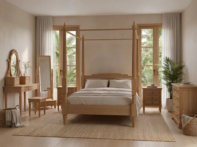 Solid teak wood bedroom set with natural teak finish by Jepara furniture manufacturer Indonesia