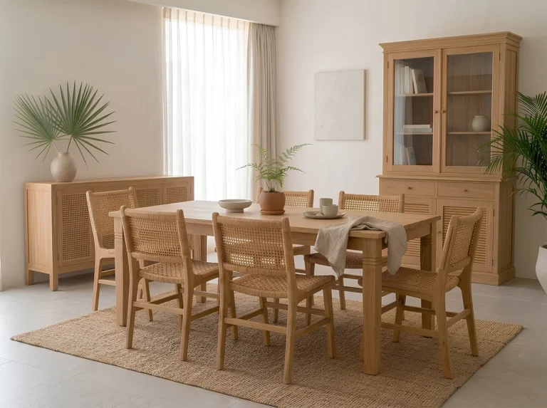 Classic teak wood dining furniture with solid teak table and chairs from Jepara Indonesia