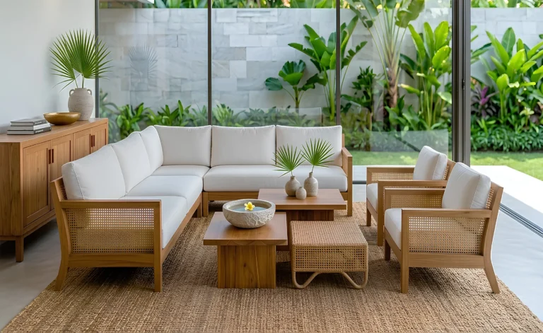Solid teak wood resort lounge furniture with tropical villa setting by Jepara manufacturer Indonesia