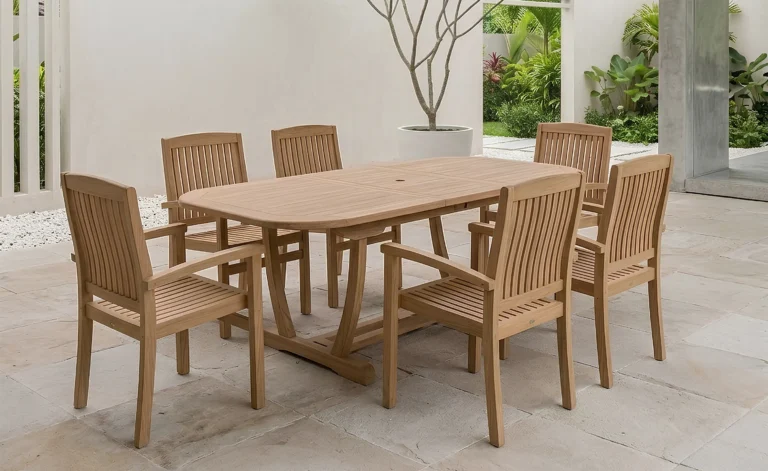 Solid teak wood resort outdoor dining set by Jepara furniture manufacturer Indonesia