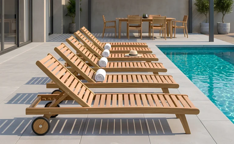 Solid teak wood resort poolside sun loungers from Jepara Indonesia furniture factory