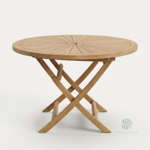 Sunflower folding teak dining table with radial tabletop design made from solid Indonesian teak