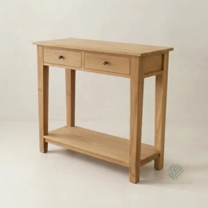 Alden solid teak console table with 2 drawers and lower shelf handcrafted in Jepara Indonesia
