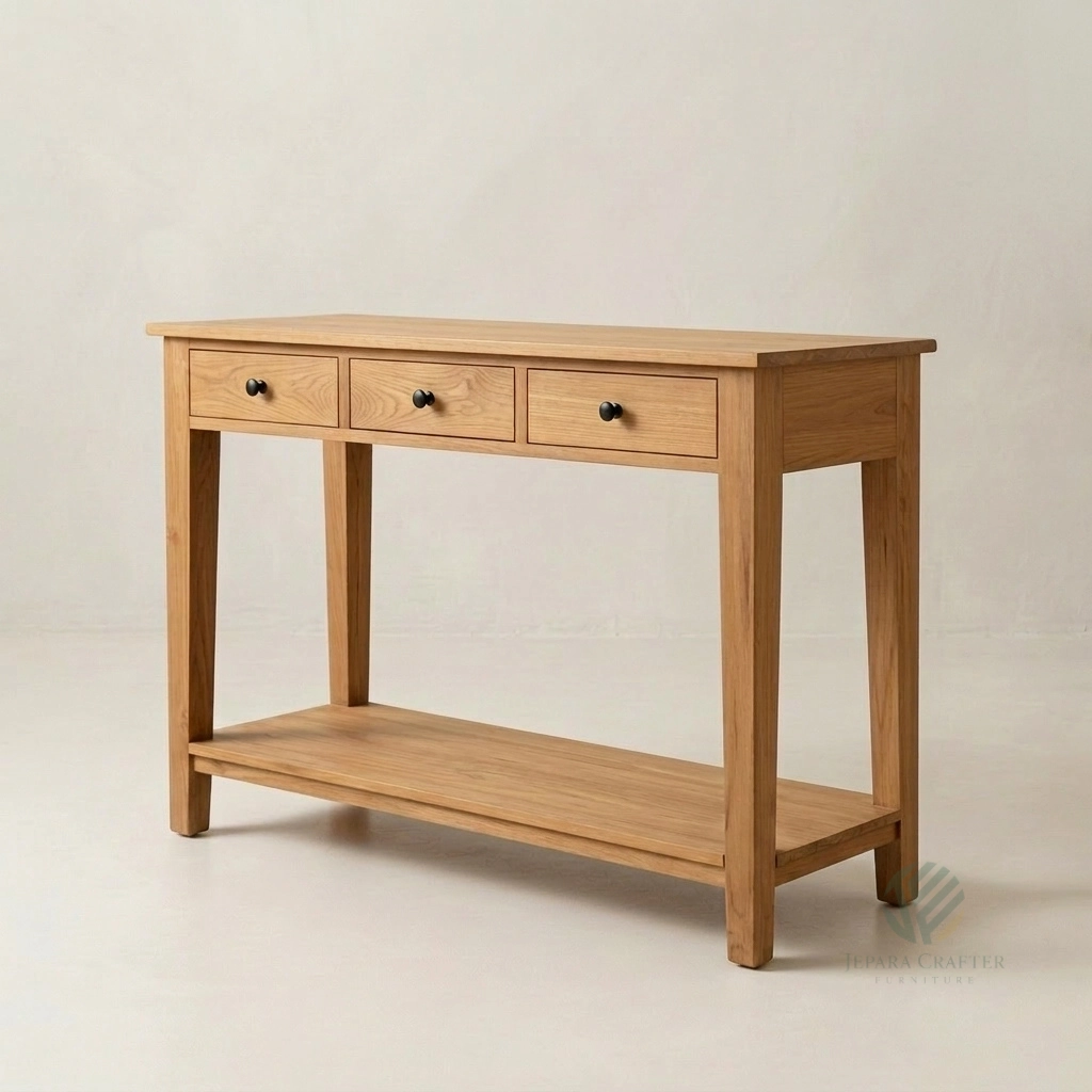 Alden solid teak console table with 3 drawers and lower shelf for hallway and living space use