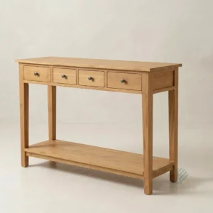 Alden solid teak console table with 4 drawers and bottom shelf made by Jepara furniture craftsmen