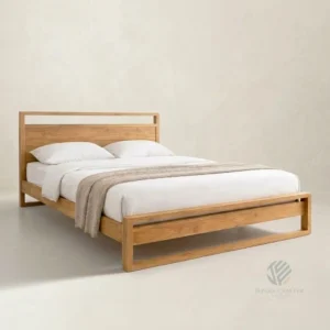 Arden teak bed frame handcrafted from solid wood with minimalist bedroom styling