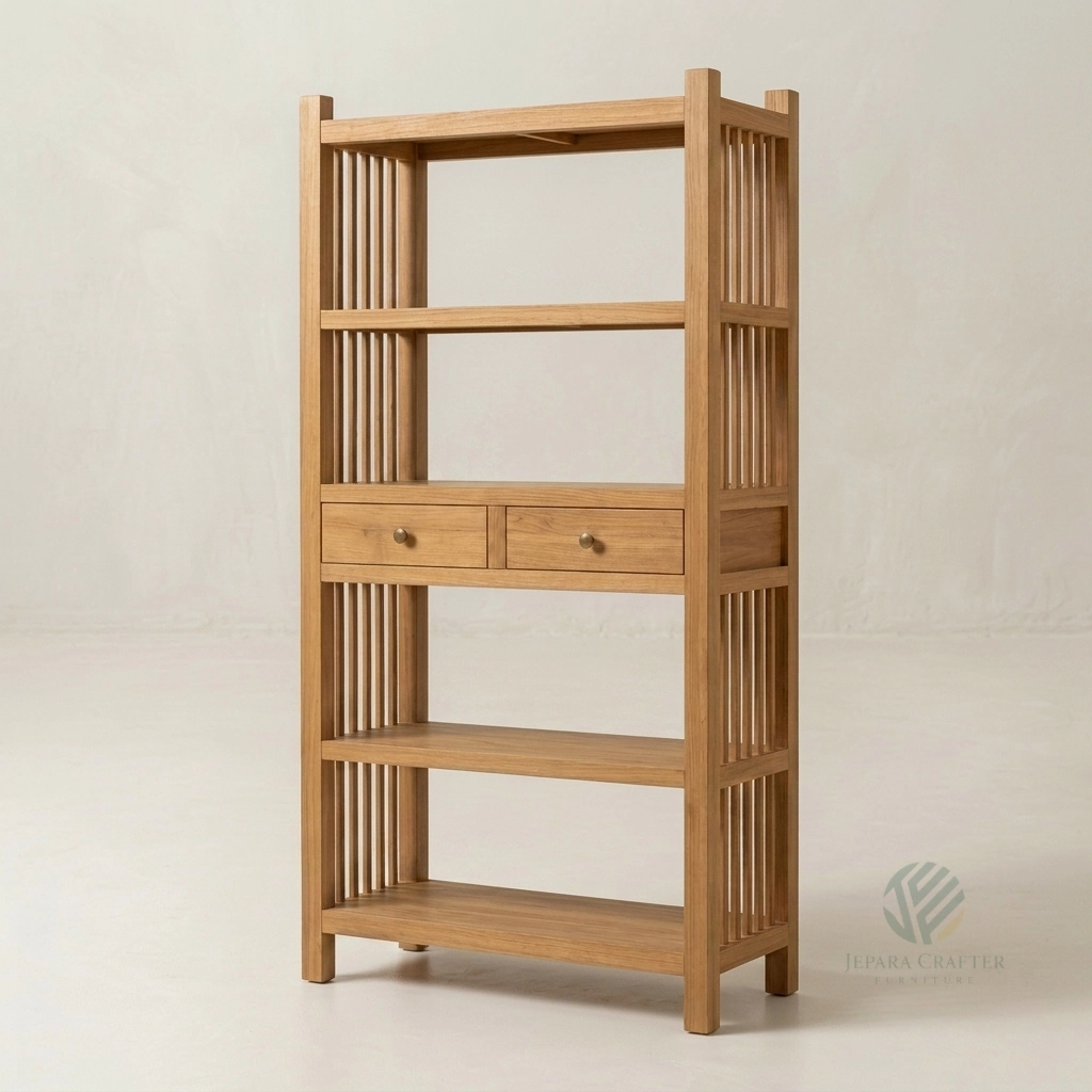 Arlo solid teak bookcase with lower drawer handcrafted by Jepara furniture manufacturer Indonesia