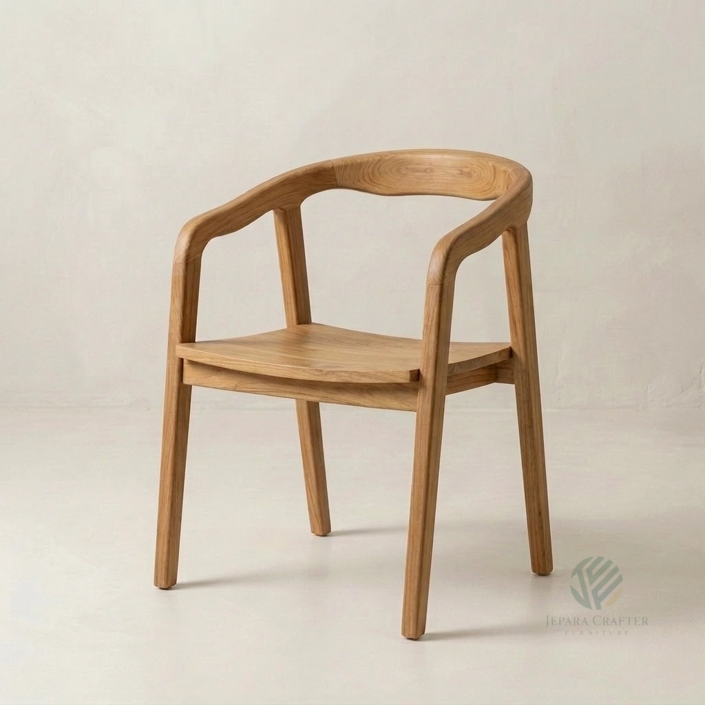 Aster solid teak dining chair with curved wooden frame and natural woven seat handcrafted in Jepara Indonesia