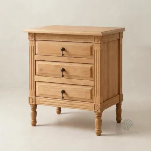 Atlas solid teak nightstand with durable frame construction and functional bedside surface