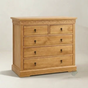 Avery solid teak dresser with multiple drawers and natural wood grain detail for bedroom storage