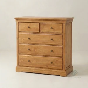 Clara teak dresser with elegant drawer arrangement and smooth solid wood finish