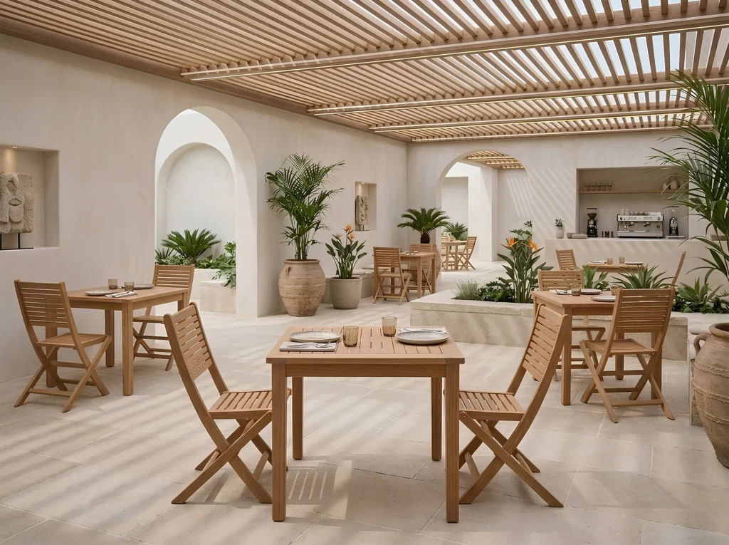 Commercial outdoor teak dining furniture for restaurant resort and hospitality spaces