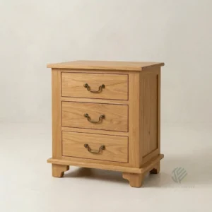 Cora teak bedside table with elegant proportions and handcrafted wooden details from Jepara