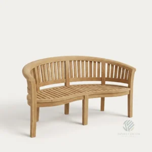 Crescent curved teak bench handcrafted from solid Indonesian teak for outdoor garden seating