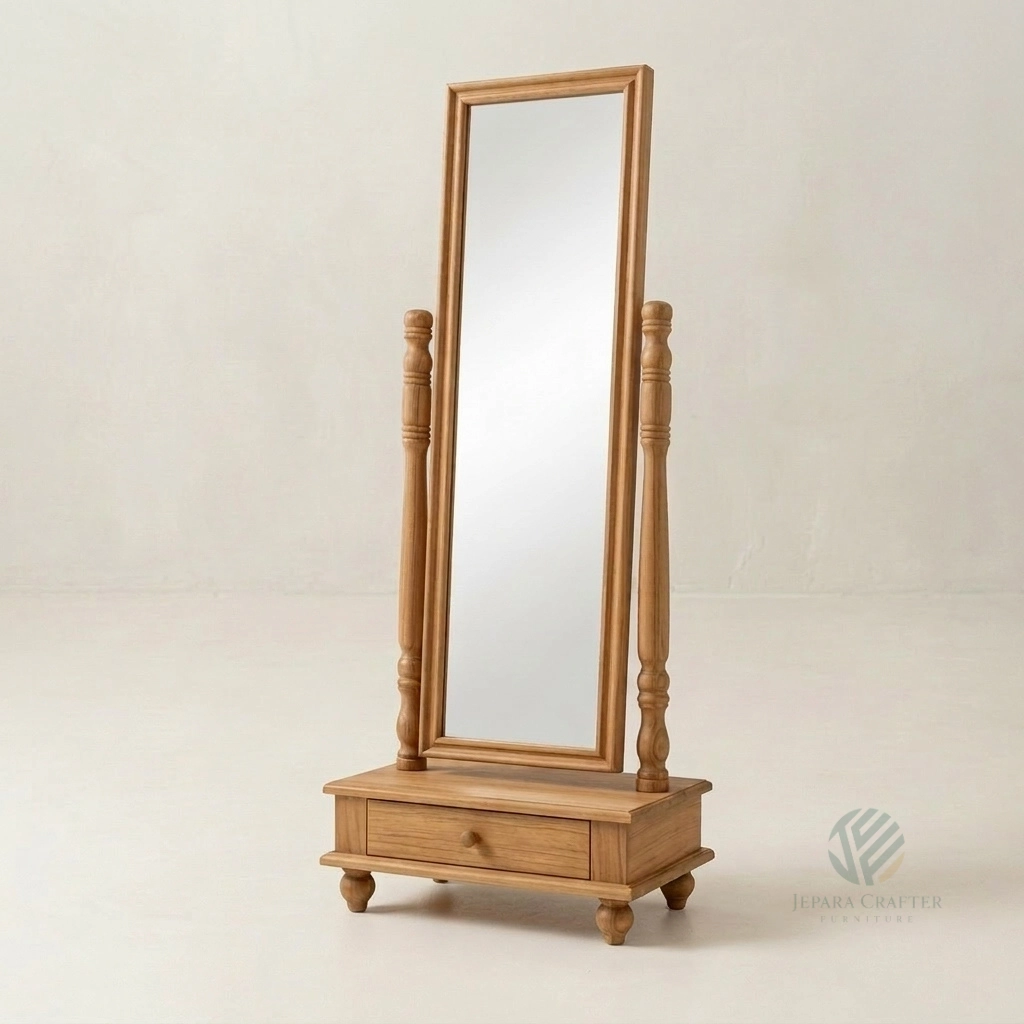 Eira solid teak full length standing mirror with elegant wooden frame for bedroom interiors