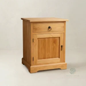 Elias solid teak nightstand featuring natural wood texture and compact bedside storage