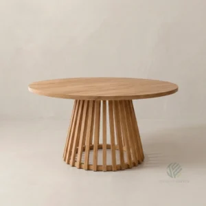 Round teak dining table with slatted base design