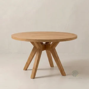 Round teak dining table with cross leg base