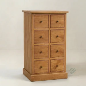 Kellan solid teak chest of drawers featuring natural grain finish and spacious drawer storage