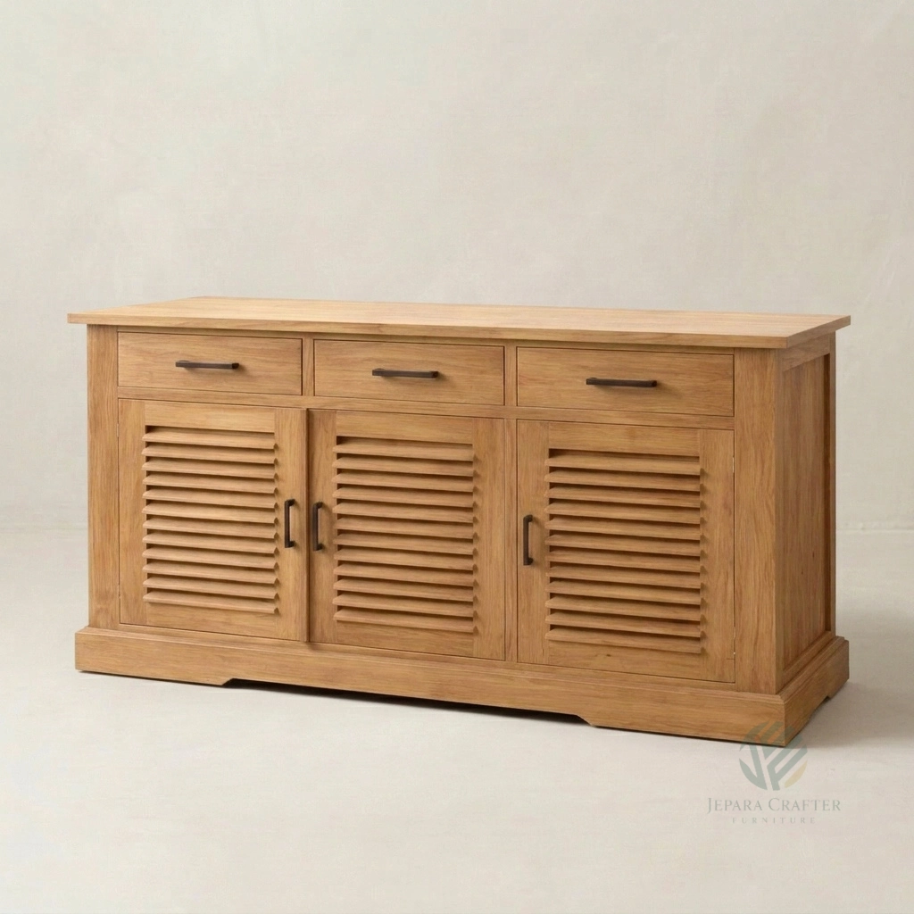 Linea solid teak sideboard with louvered 3 doors handcrafted by Jepara furniture manufacturer Indonesia