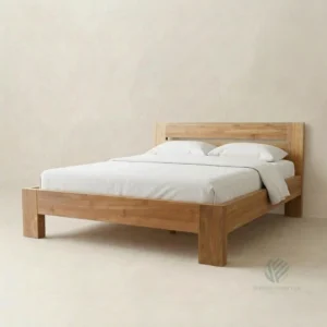 Luna solid teak bed frame with natural wood grain and clean tropical design handcrafted in Jepara Indonesia