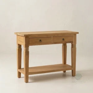 Madera solid teak console table with 2 drawer, turned front legs, and lower shelf