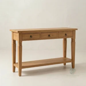 Madera solid teak console table with 3 drawers and traditional leg detail handcrafted in Jepara