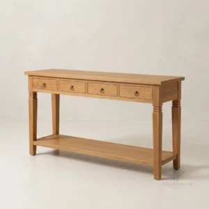 Madera solid teak console table with 4 drawers, lower shelf, and classic turned front legs