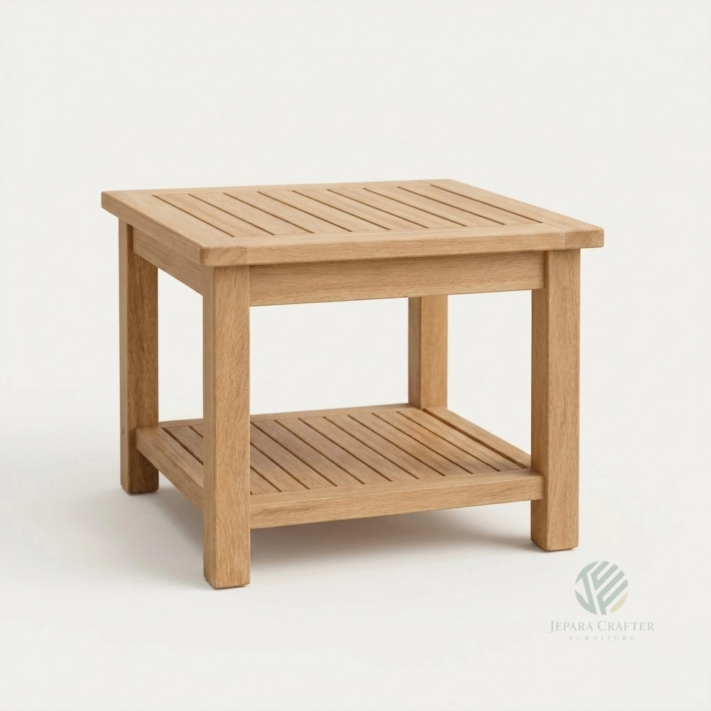 Marbella teak side table with lower shelf made from solid Indonesian teak wood