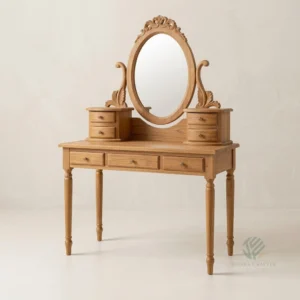 Marina solid teak vanity table with mirror featuring refined wooden details for bedroom interiors