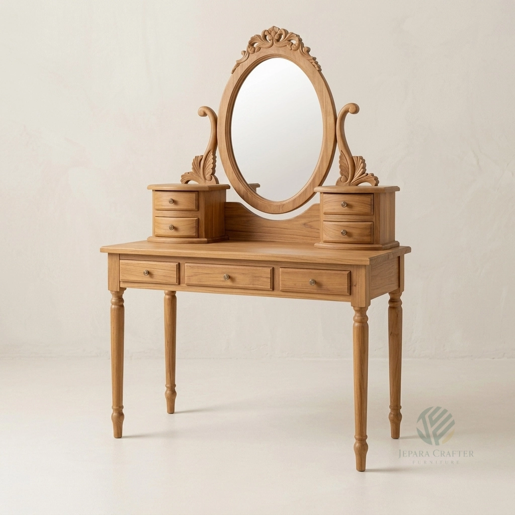 Marina solid teak vanity table with mirror featuring refined wooden details for bedroom interiors