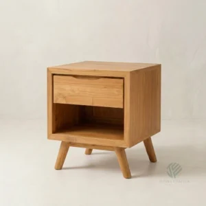 Mika teak nightstand with handcrafted solid wood details for tropical interior spaces