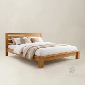 Mira solid teak bed frame showcasing handcrafted details and natural wood texture