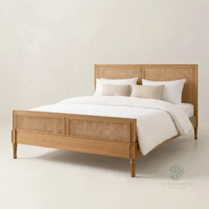 Nola solid teak bed with natural finish and handcrafted tropical furniture style