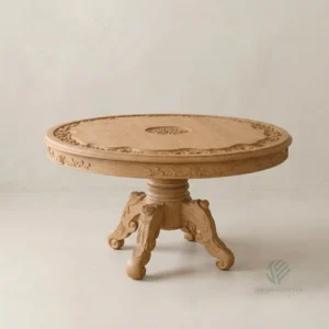 Carved teak dining table with decorative details