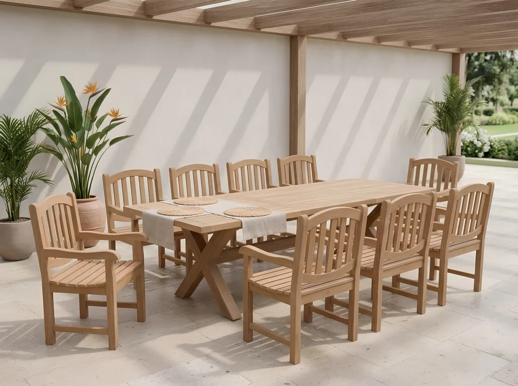 Outdoor teak dining furniture made from solid teak wood by Jepara furniture manufacturer Indonesia